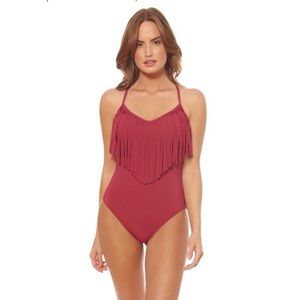 Bleu Rod Beattie Fringe Bib One Piece
Swimsuit in Burgundy Pink NWT